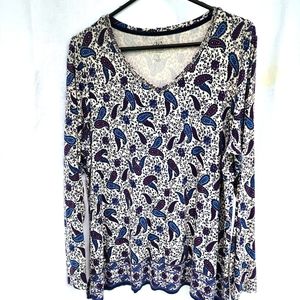 Westport W62 Paisley Blue/Purple knit long sleeved, side slits, v-neck top 1X
